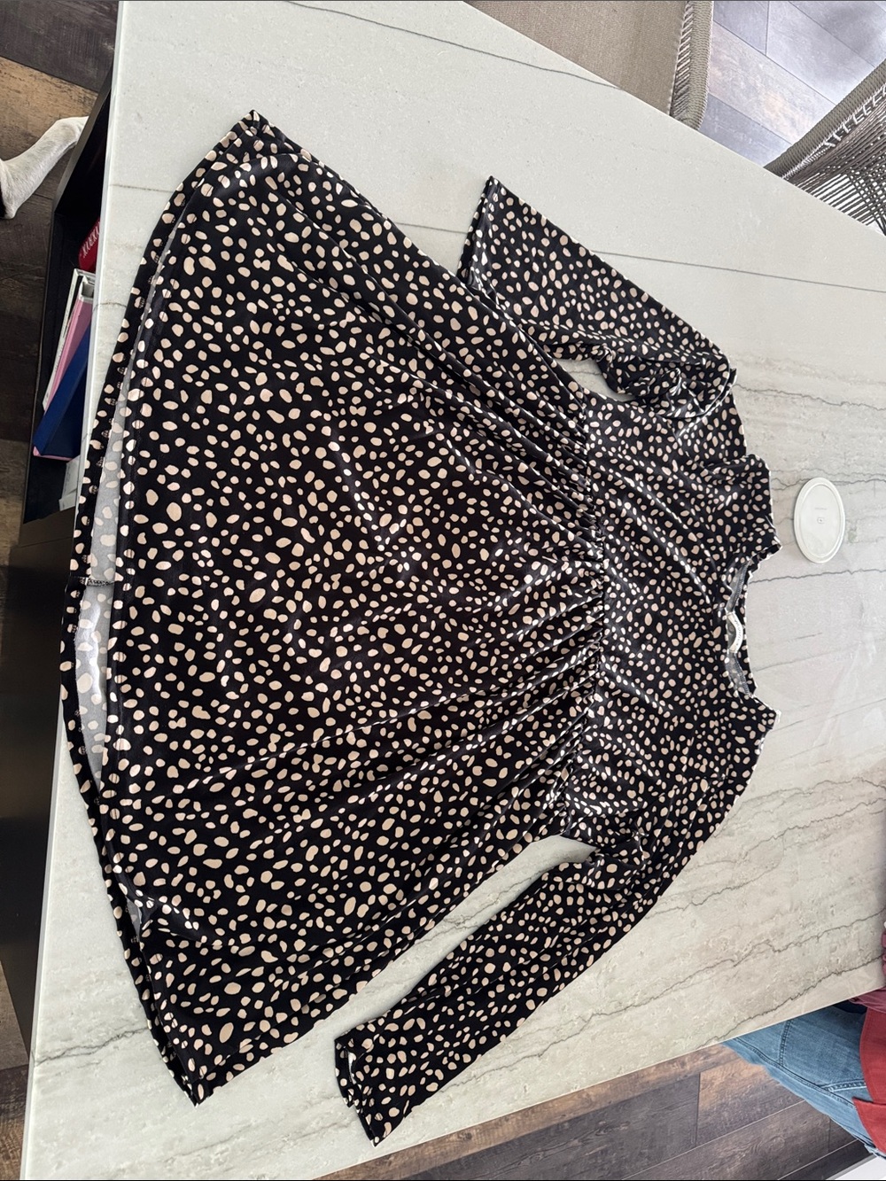 Black Midi Dress with Cream Spot Print and Long Sleeves